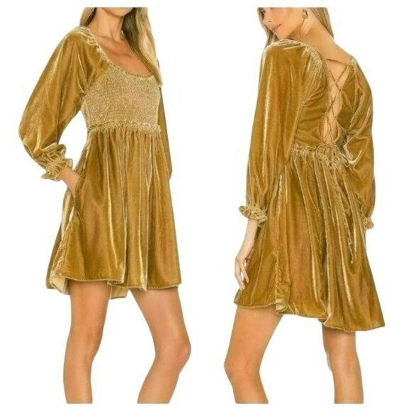Free People Dresses & Skirts - Free People Dress Smocked Velvet Baby doll Mini NWT